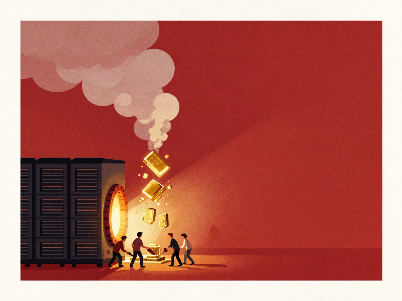 Workers shovelling glowing computer chips into a vast industrial furnace