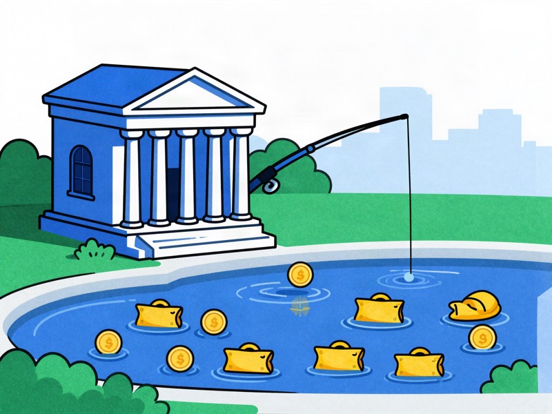 Giant red magnets pulling streams of gold coins out of a grand classical bank building