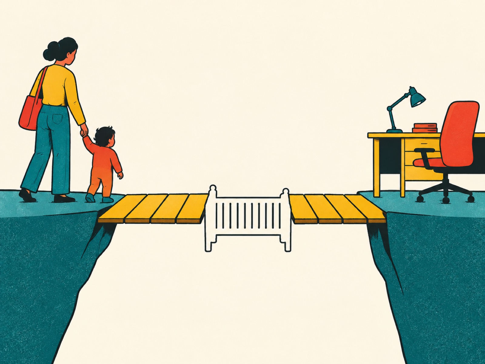 A mother and toddler stand at a cliff edge; the bridge to an office desk on the far side has a cot where its middle planks should be