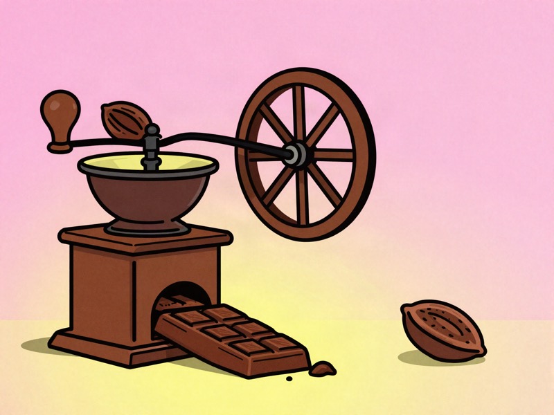 A giant cocoa pod split open like a treasure chest, pouring beans into a brass grinding machine