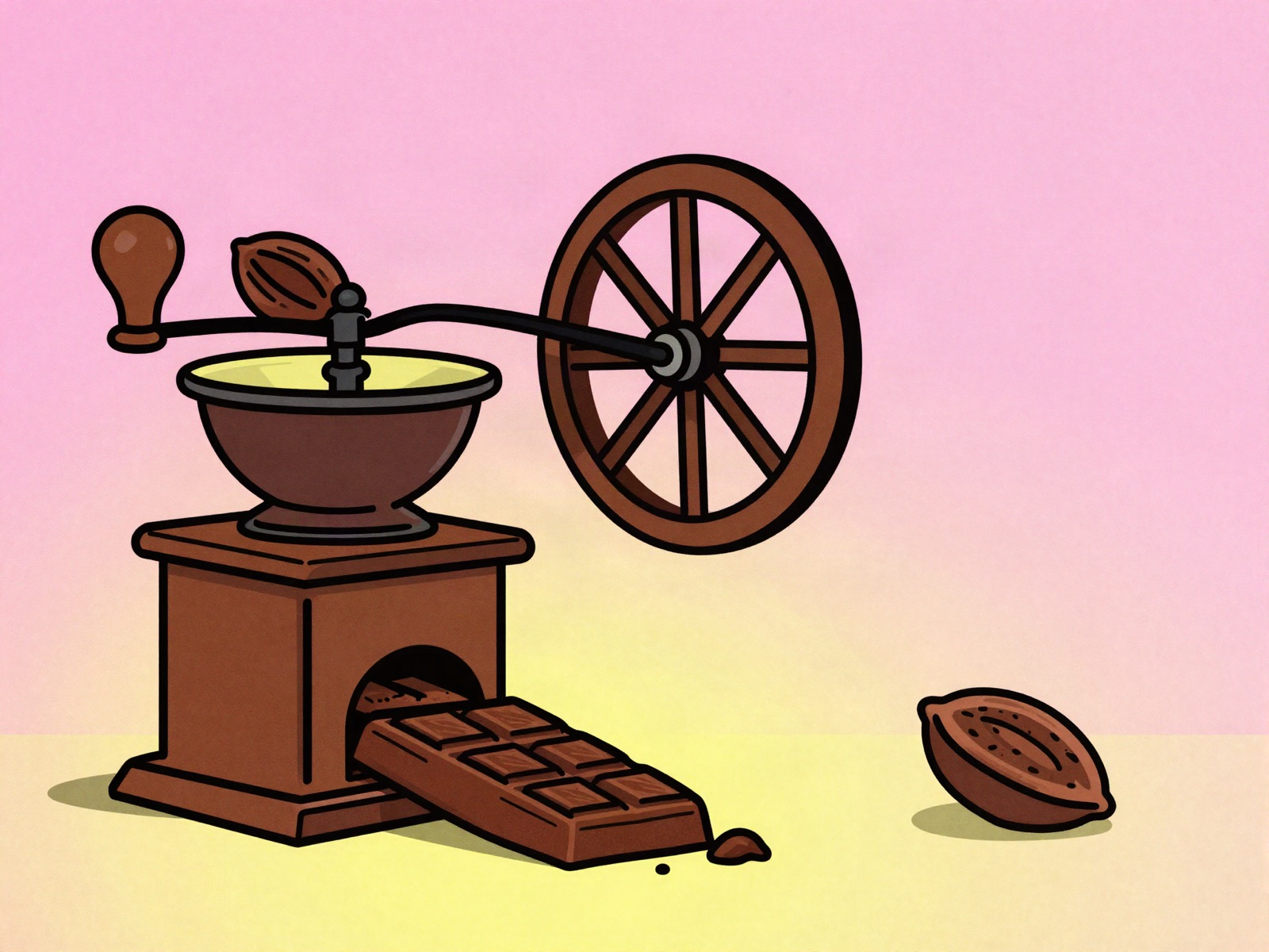 A giant cocoa pod split open like a treasure chest, pouring beans into a brass grinding machine