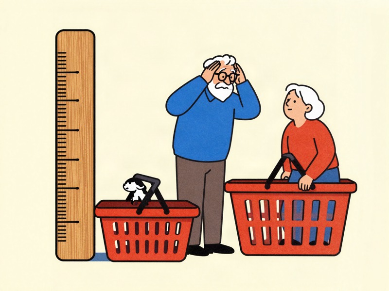 Two yardsticks of different lengths measuring the same grocery basket while an elderly couple looks on