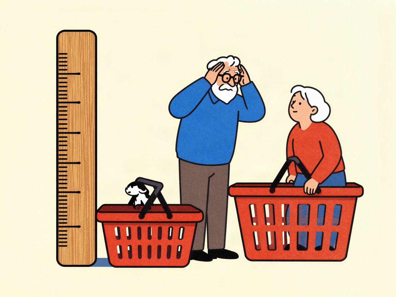Two yardsticks of different lengths measuring the same grocery basket while an elderly couple looks on