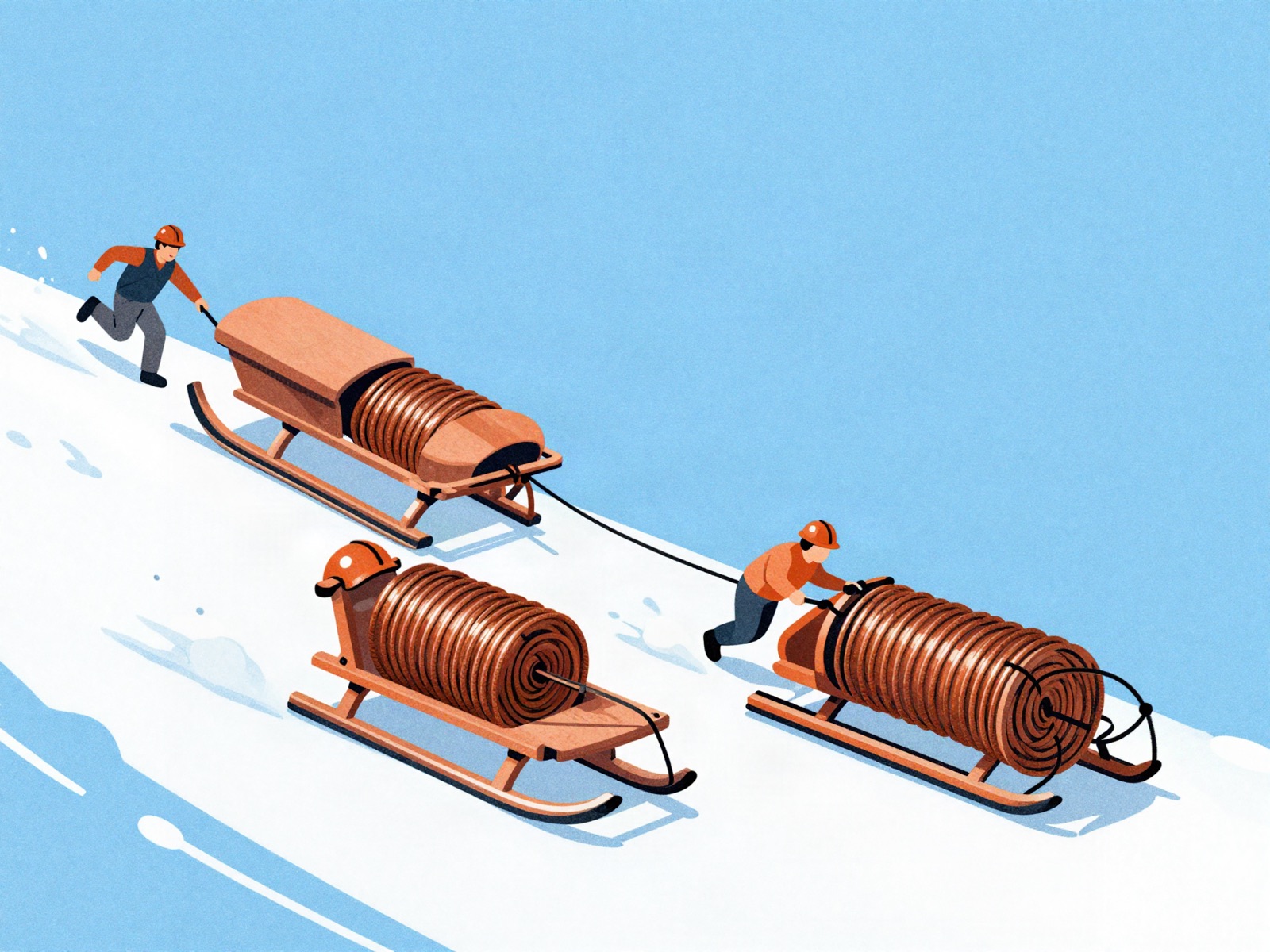 A huge glowing copper ingot balanced on a wooden mine scaffold in a mountain snowstorm, with miners below