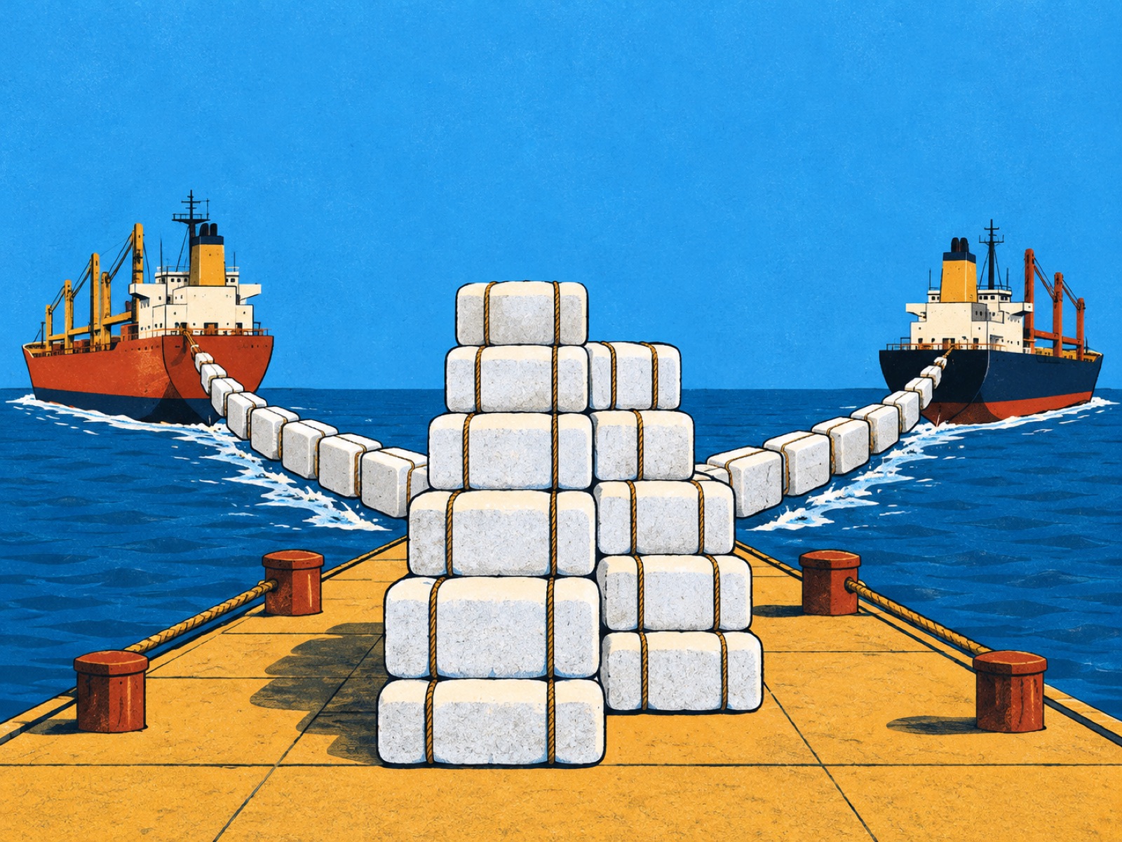 Two cargo ships tow lines of cotton bales away from a shrinking stack on the quay
