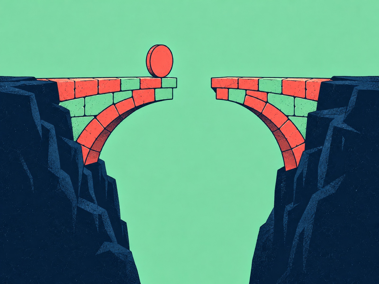 Two halves of a brick bridge reach out from opposite cliffs but fail to meet, with a coin waiting at one edge