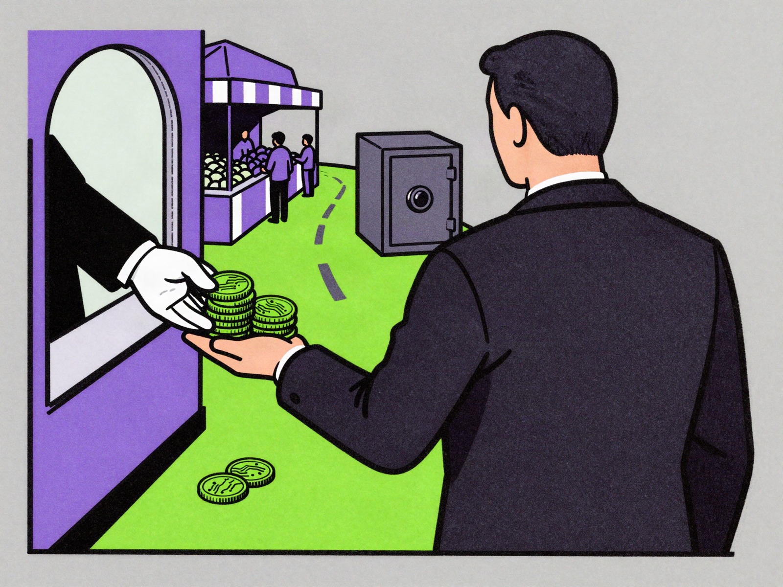 A gloved hand at a bank window passes stacks of digital coins to a trader in a suit, who faces a road leading to a market stall and a closed safe
