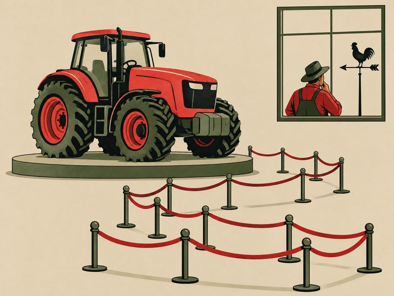 A red tractor sits on a showroom turntable behind empty queue barriers while a farmer outside studies a weather vane