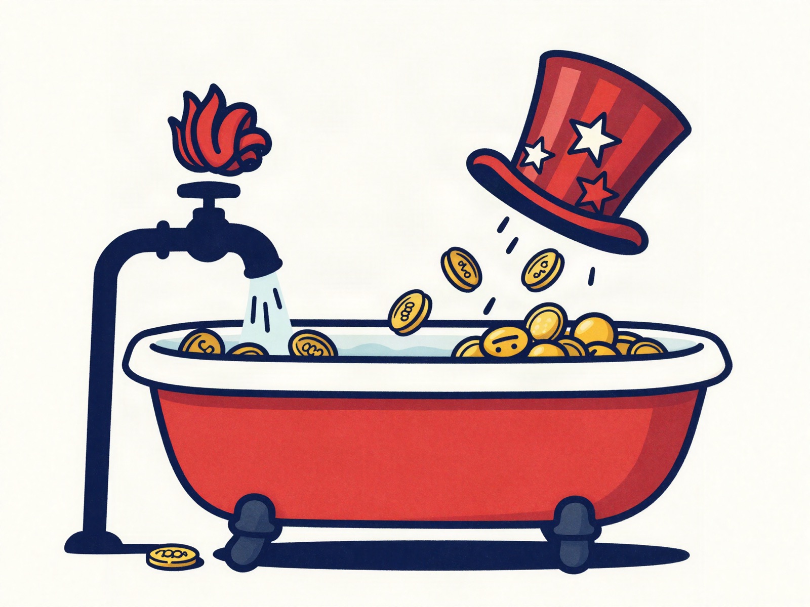 A bathtub filling from a tap of red ink while gold coins leak out of its drain