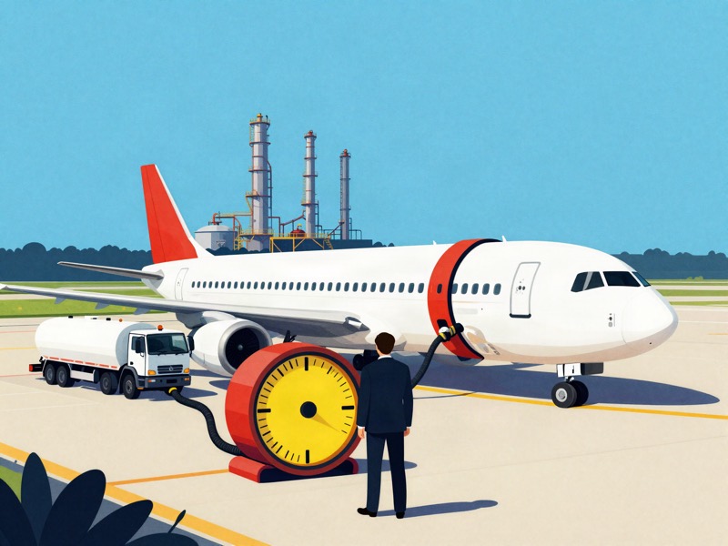 A passenger jet being refuelled beside an oil refinery as an executive eyes a giant fuel gauge near empty