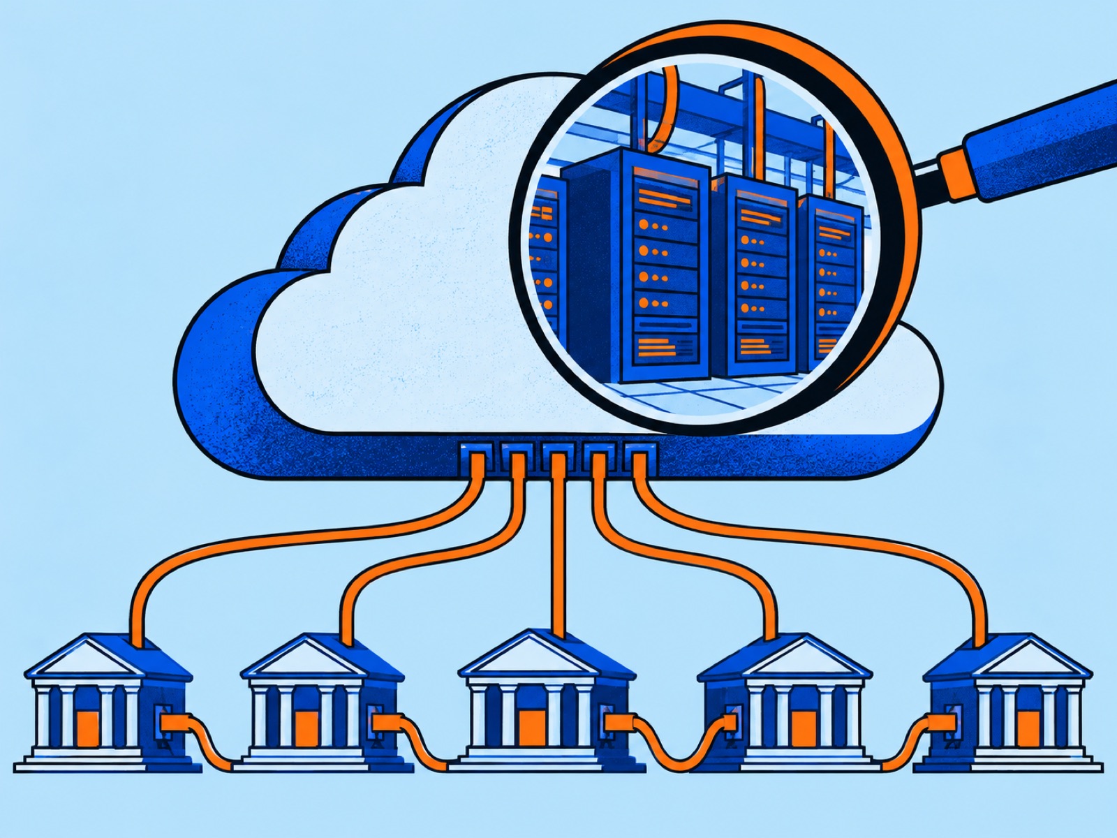Cables run from five bank buildings into one cloud, which a magnifying glass reveals to be a data centre