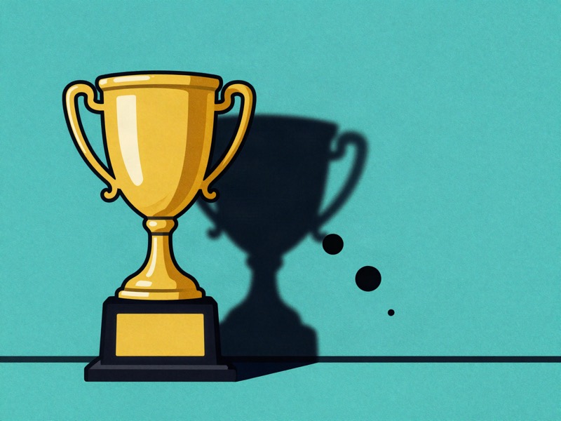 A magnifying glass over a gleaming profit trophy reveals it is held together with tape and patches