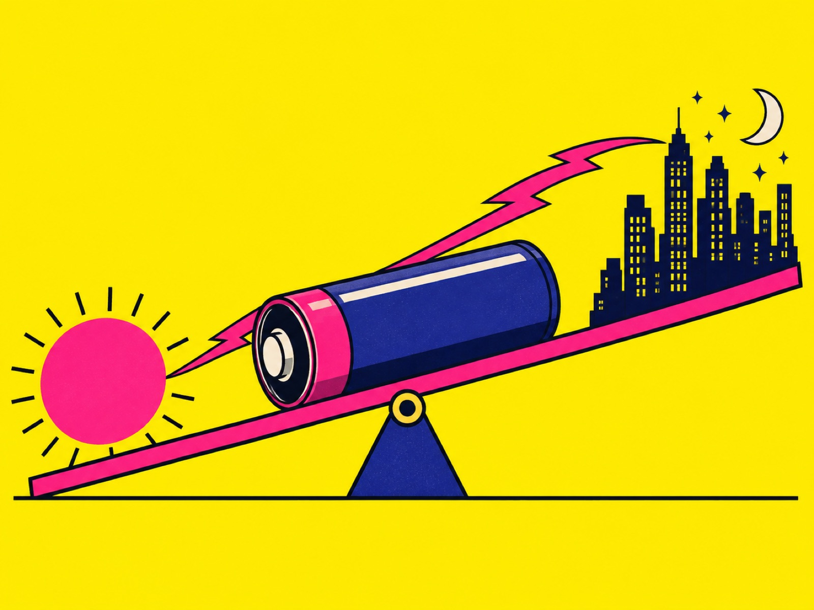 A battery lies on a seesaw between a bright sun and a night-time city skyline, with a lightning bolt between them