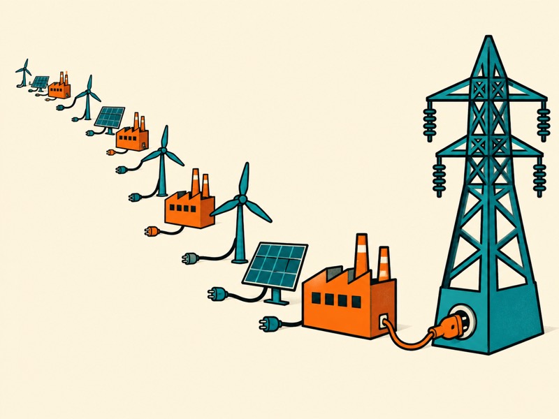 Wind turbines, solar panels and factories queue with their plugs to connect to a single electricity pylon