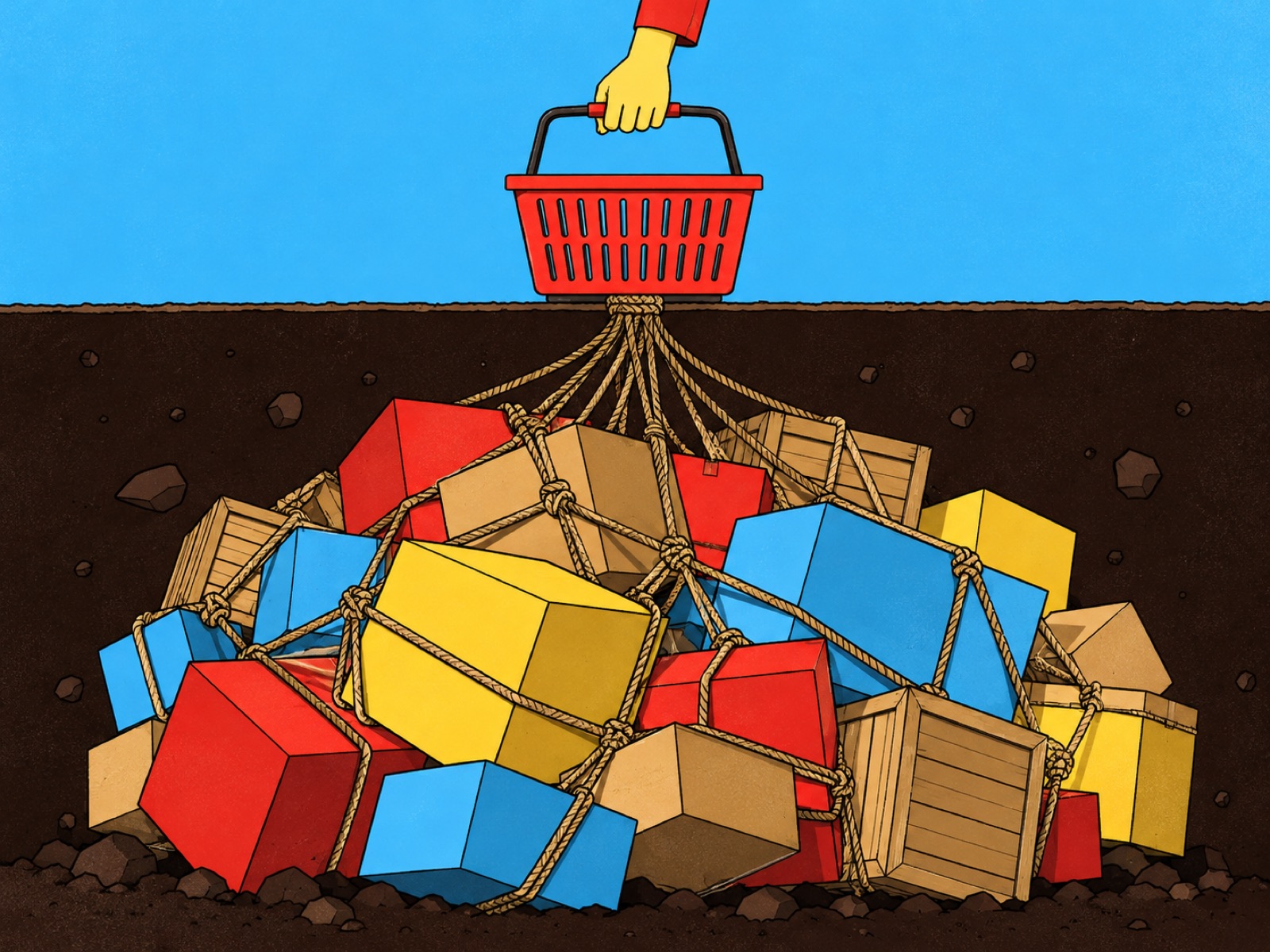 A hand lifts a shopping basket easily, but beneath the ground it is roped to a heavy pile of boxes