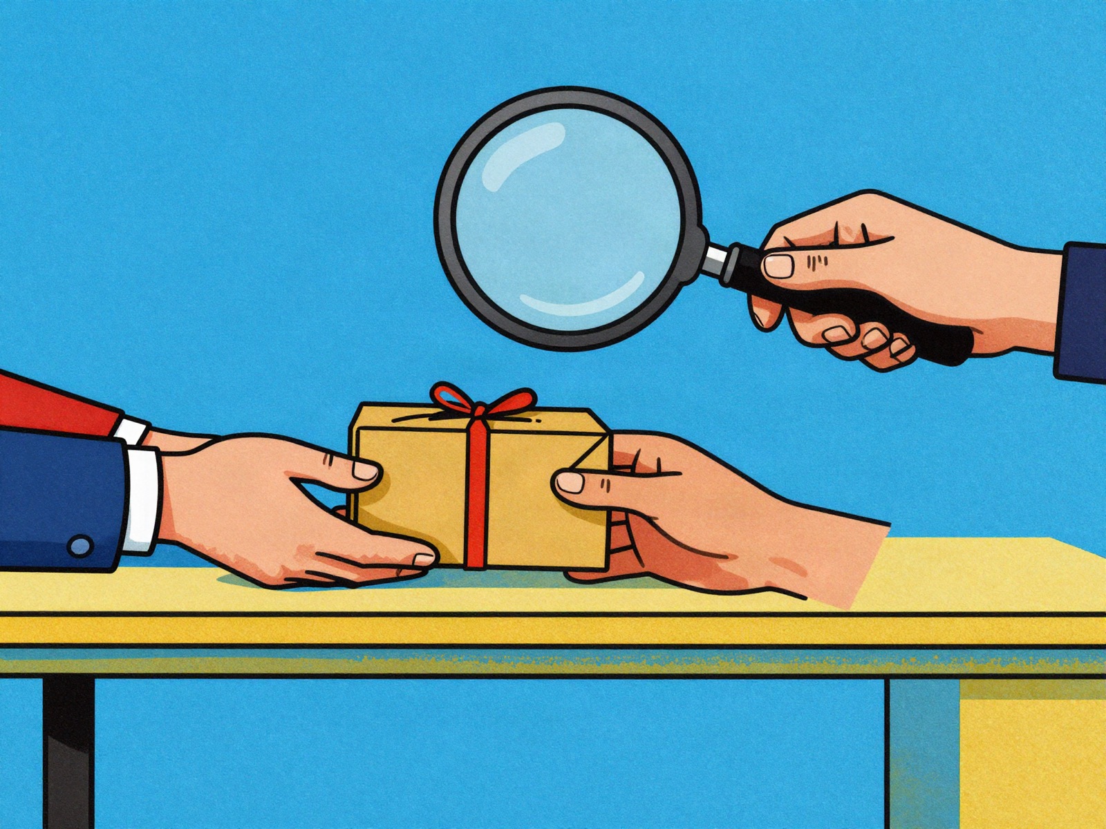 A chain of shadowy hands passing a crate across a map, one caught under a giant red stamp