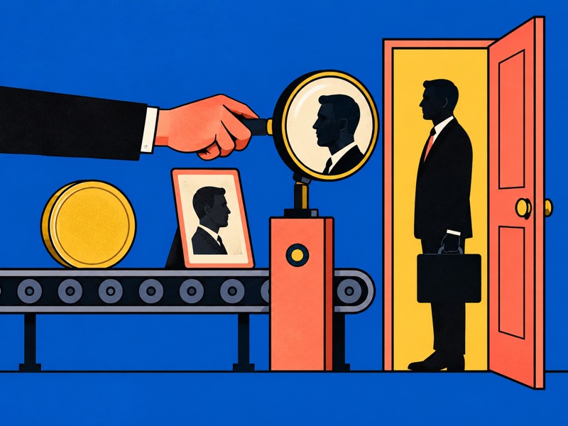 A coin on a conveyor stops at a checkpoint where a magnifying glass compares a portrait with the man in the doorway