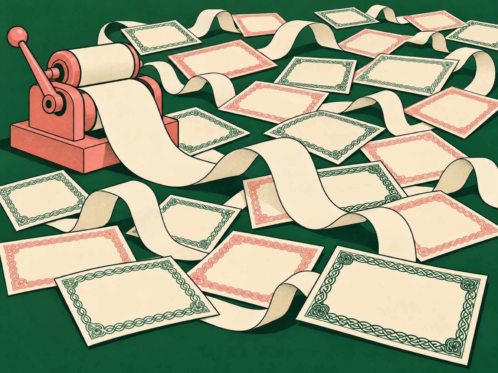 A ribbon of paper tape from an old ticker machine winds across scattered bond certificates