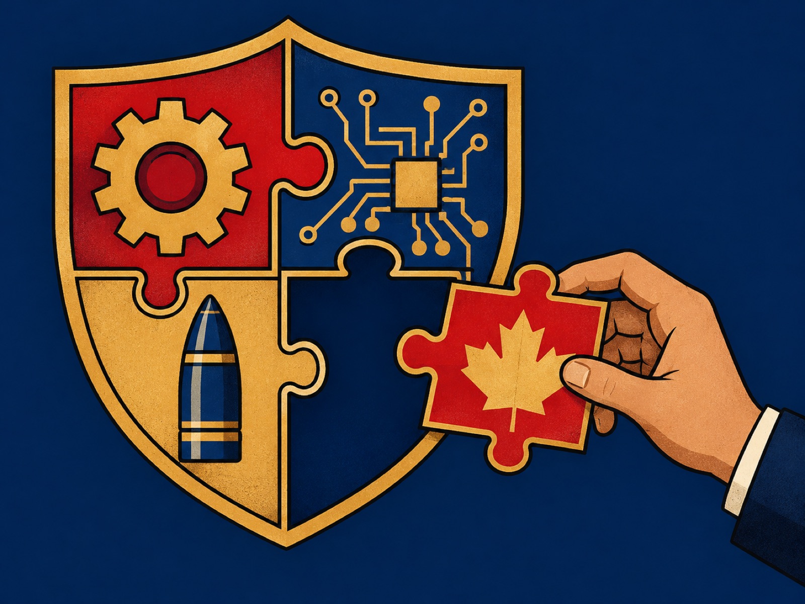 A hand fits a maple-leaf piece into a jigsaw shield showing a gear, a circuit board and a shell