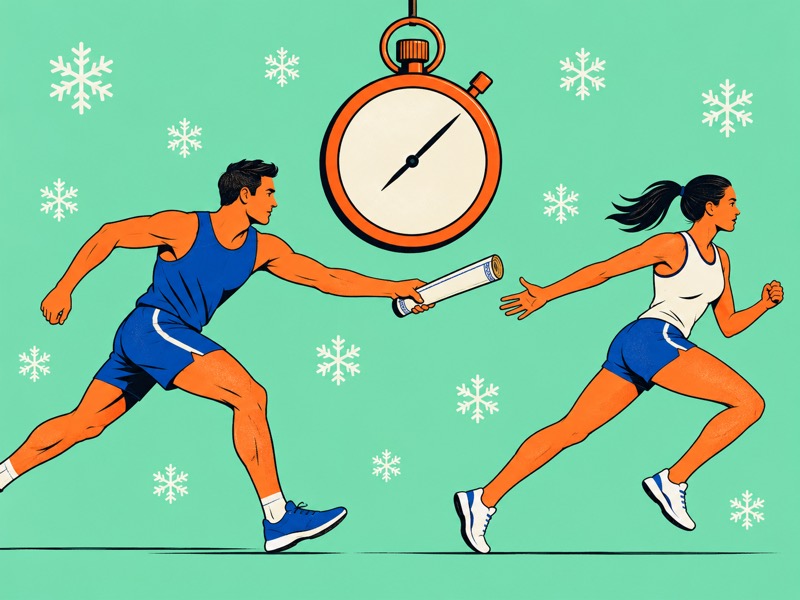 Two relay runners pass a rolled certificate as a stopwatch hangs above them in falling snow