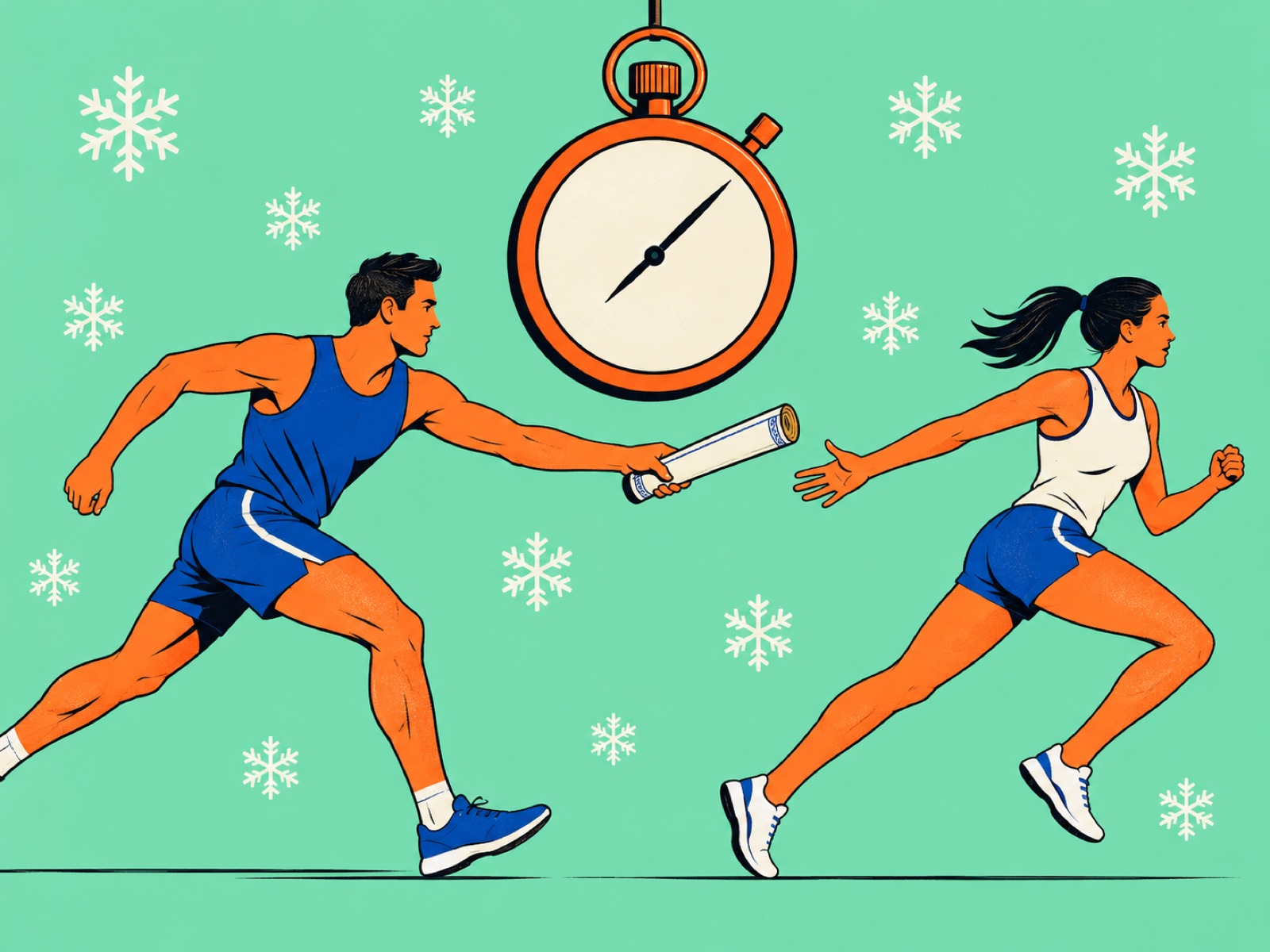 Two relay runners pass a rolled certificate as a stopwatch hangs above them in falling snow