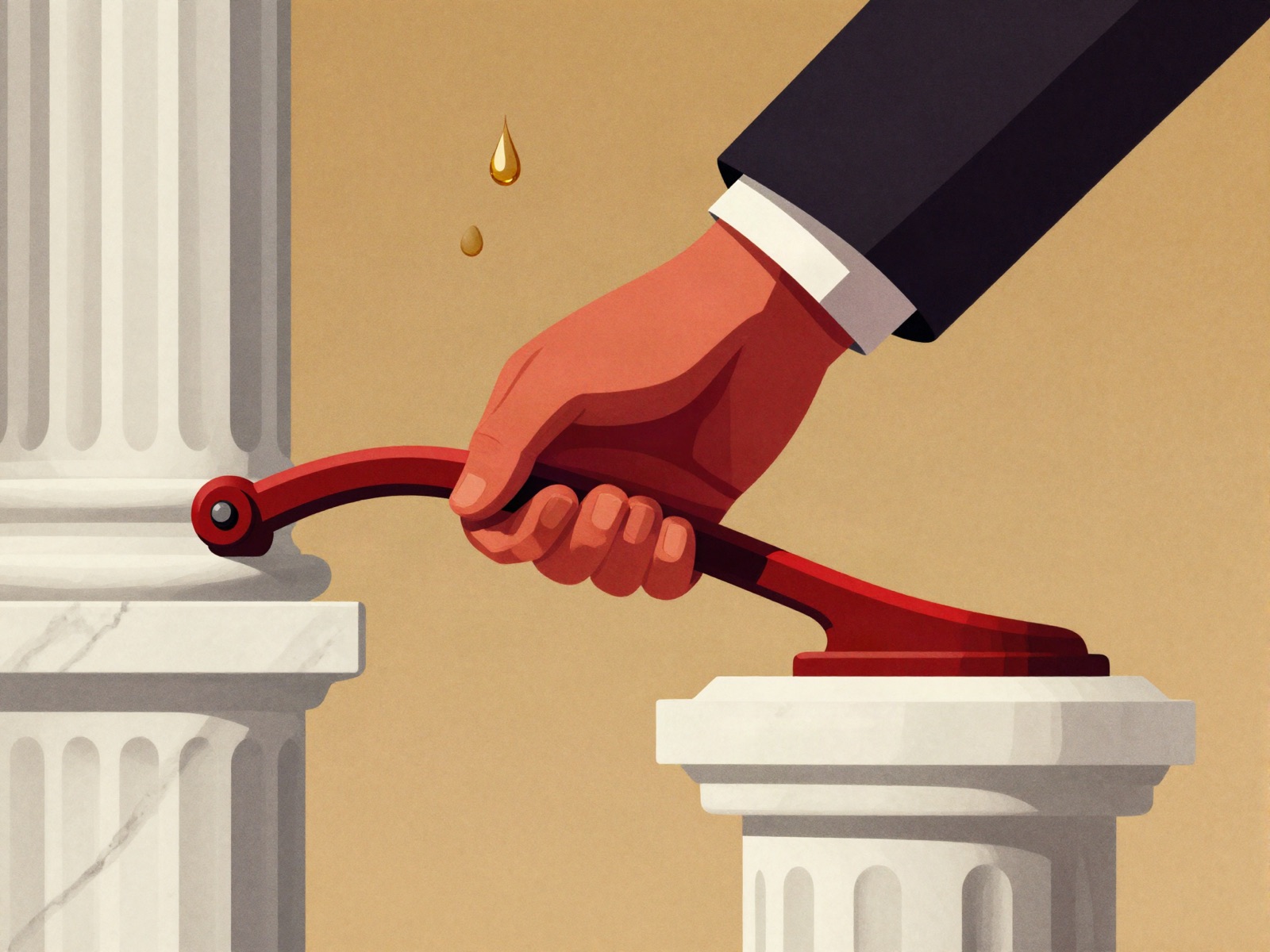 A hand pulling a red brake lever on a marble central-bank column