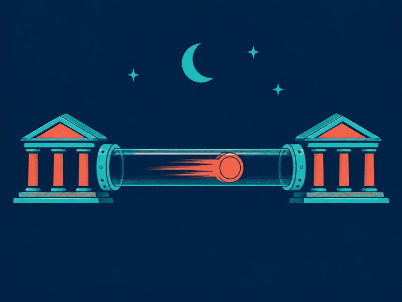 A coin shoots through a glass tube between two bank buildings under a night sky