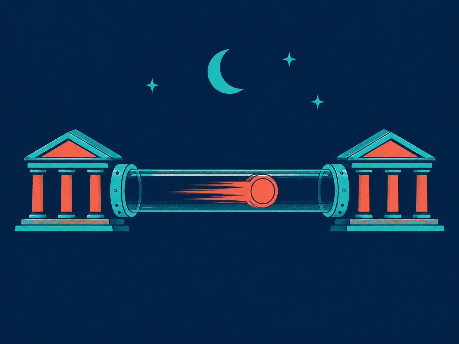 A coin shoots through a glass tube between two bank buildings under a night sky