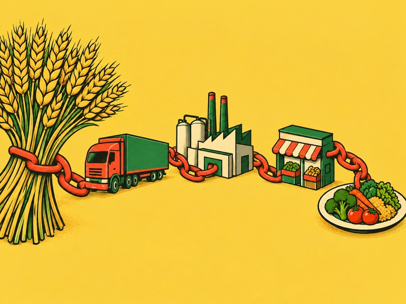 A chain links a sheaf of wheat to a plate of vegetables by way of a lorry, a factory and a shop