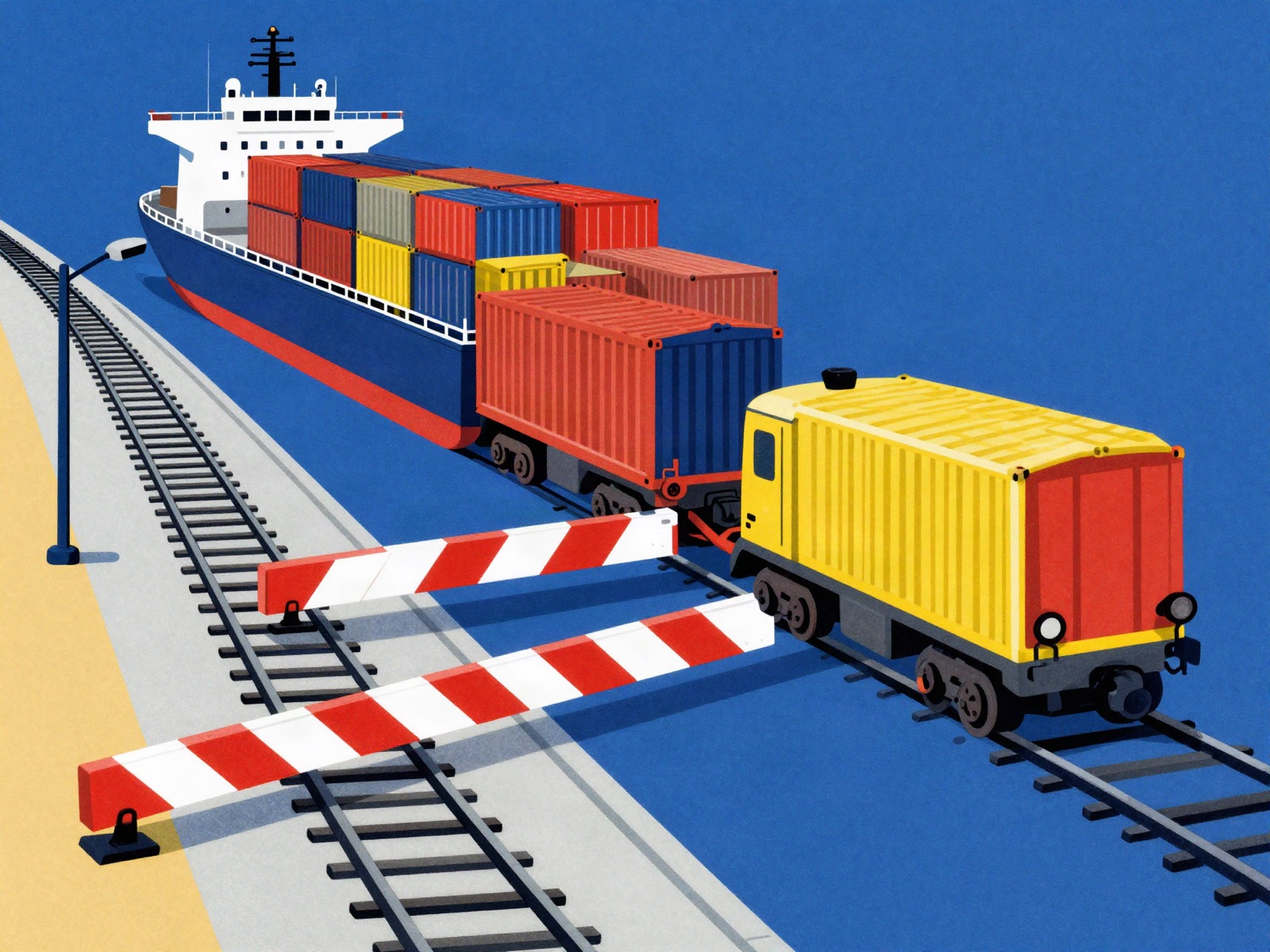 A container ship at a port whose inland railway ends at a red barrier blocking a train of containers