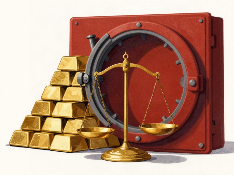Stacked gold bars behind a heavy round vault door, with a balance scale in front