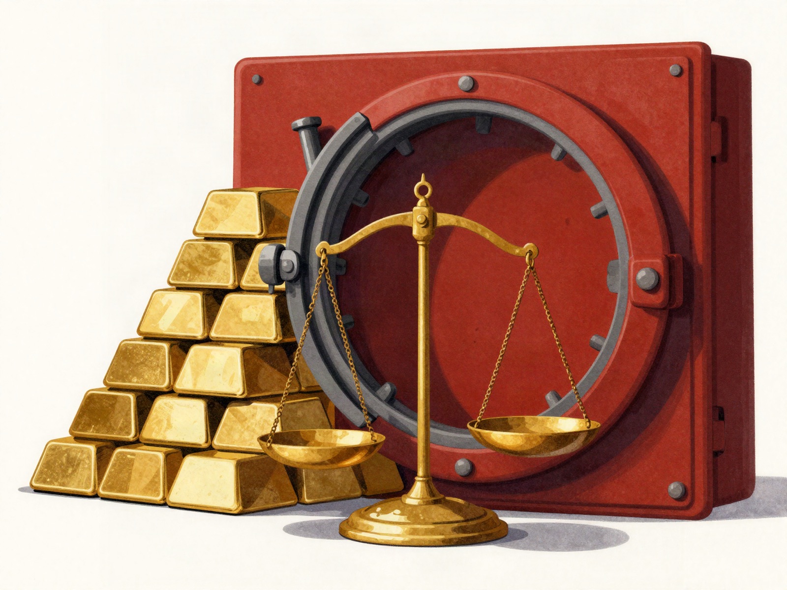 Stacked gold bars behind a heavy round vault door, with a balance scale in front