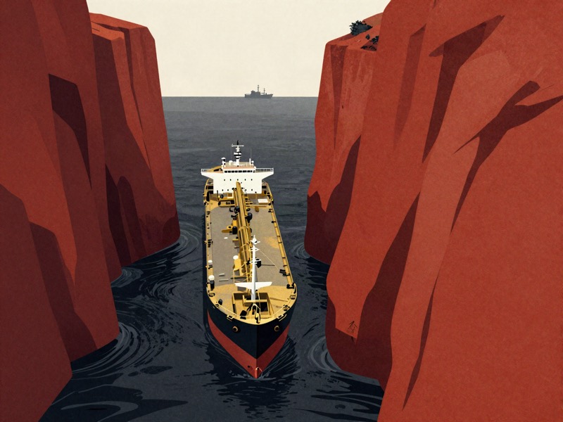 An oil tanker squeezed through a narrow passage between towering cliffs