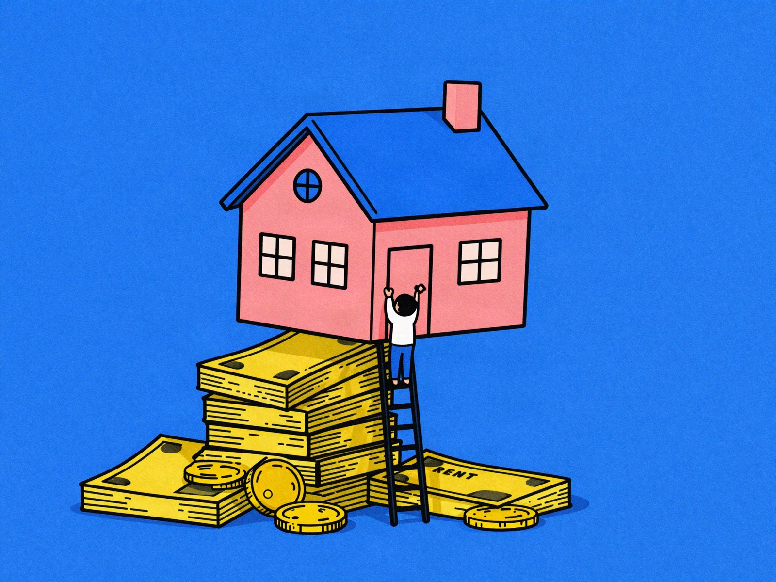 A tiny figure at the foot of a towering staircase of rent bills leading up to a small glowing golden door