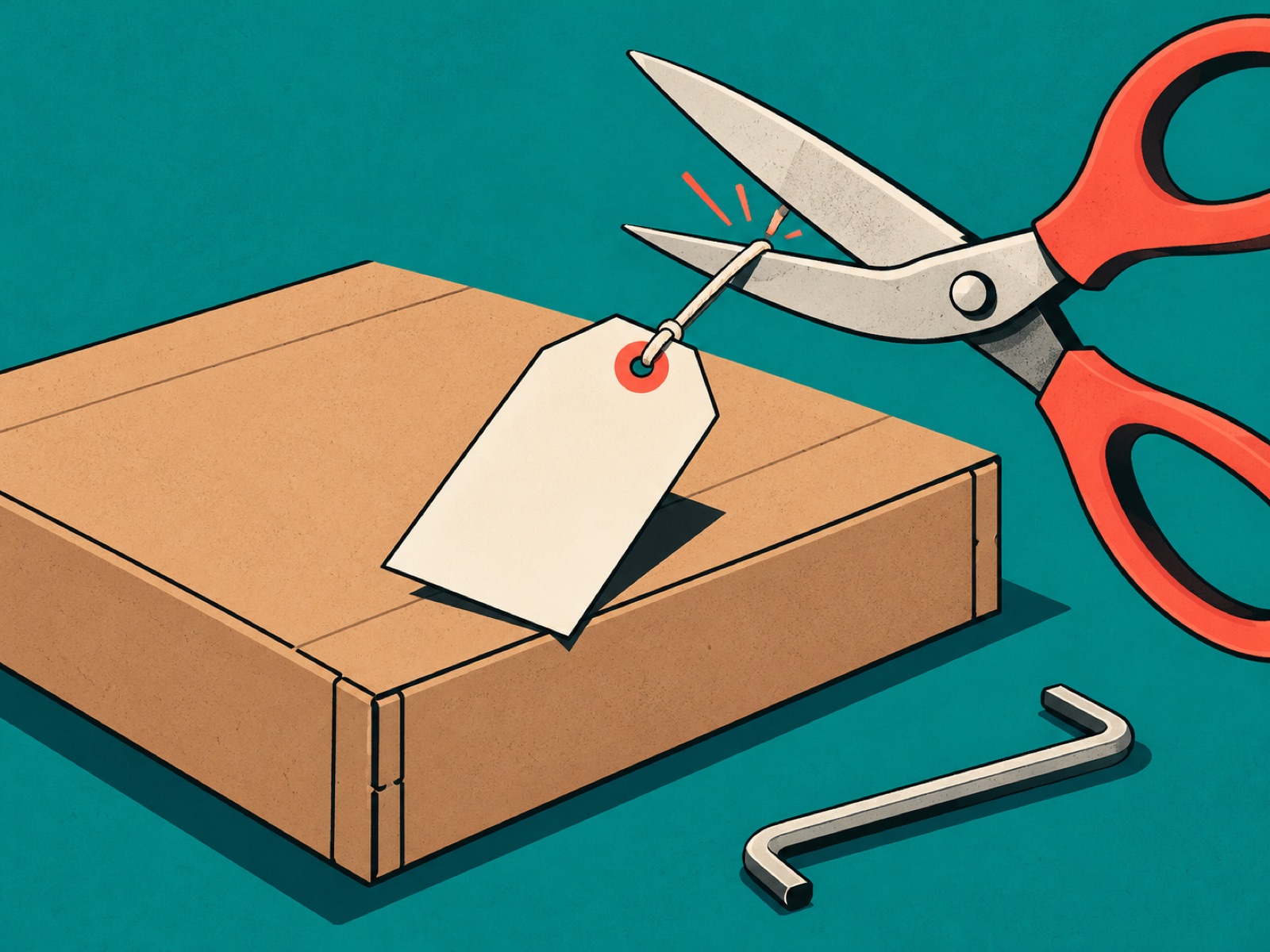 Scissors snip the price tag off a flat-pack box, with a hex key lying nearby