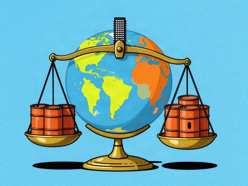 A globe on a brass balance scale weighed down by oil barrels, with a tower of computer servers on top