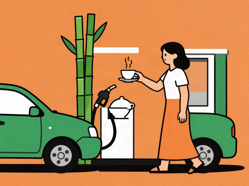 A sugarcane stalk bending into a fuel nozzle, pouring sugar into a car's tank while a sugar bowl runs empty