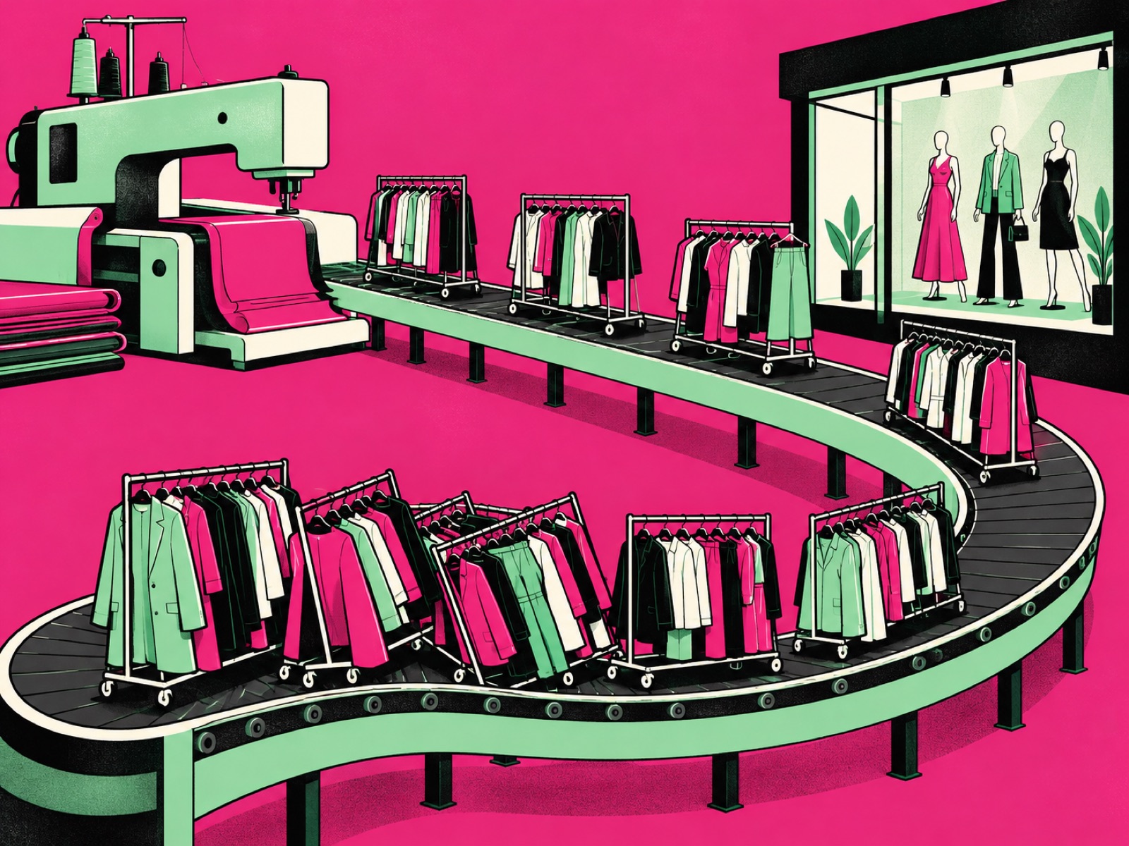 Racks of clothes ride a curving conveyor from a sewing machine to a shop window