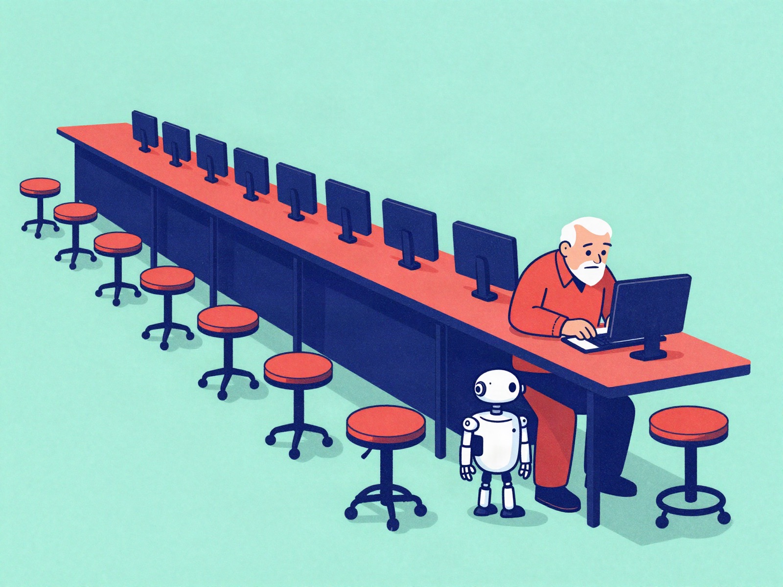A long factory assembly line of empty workstations with a single elderly worker beneath a glowing paper lantern