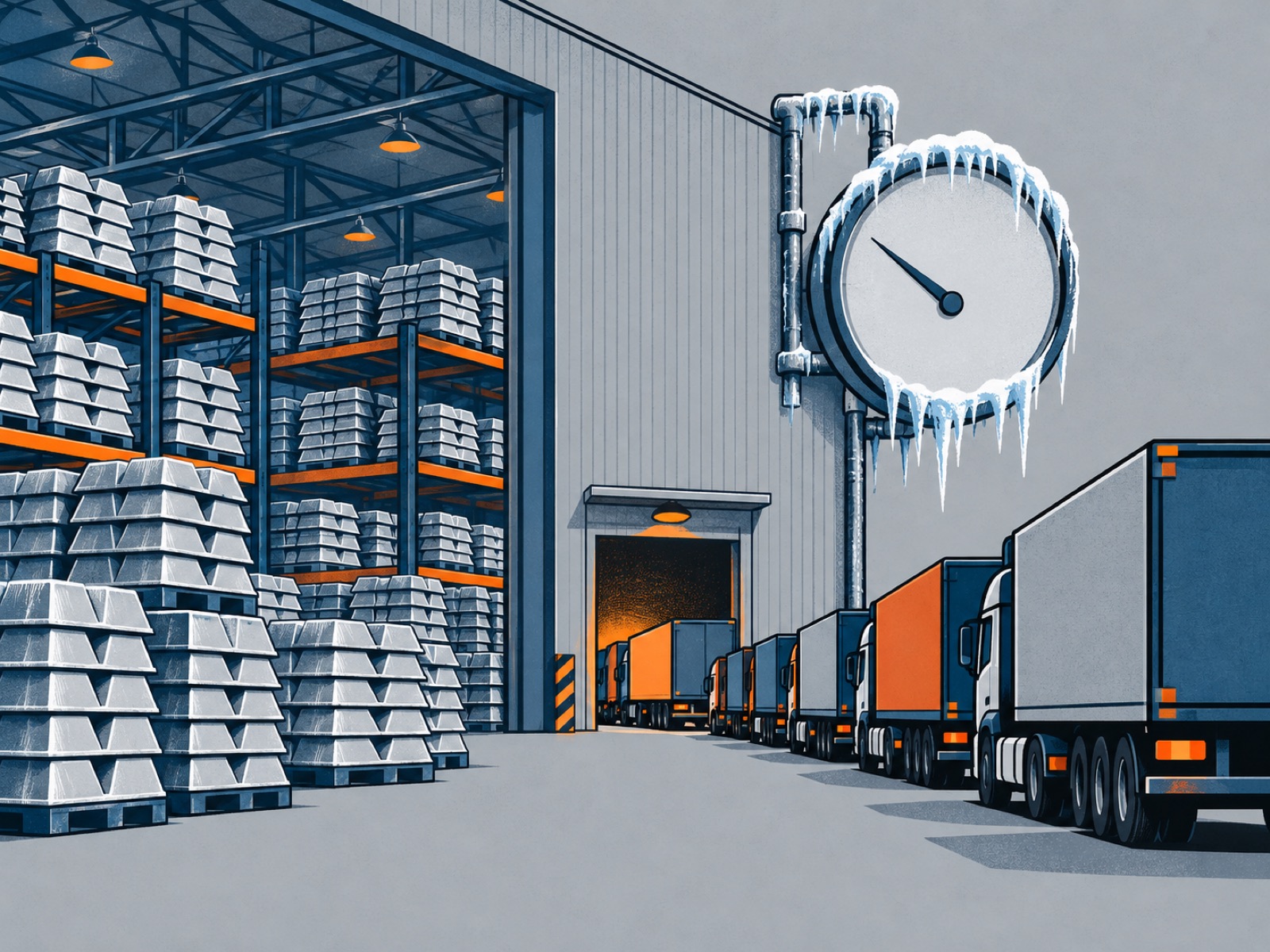 Stacks of aluminium ingots fill a warehouse while lorries queue at its loading door beneath an iced-over meter