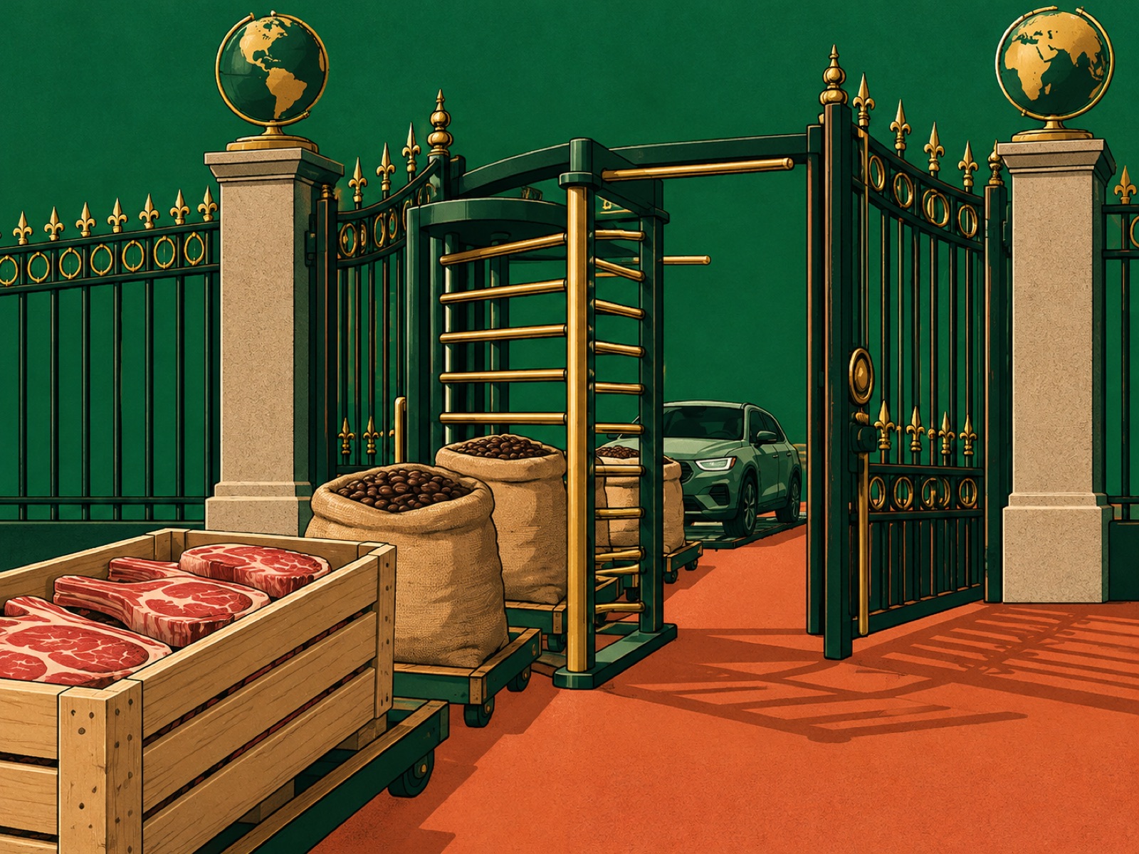 Crates of beef, coffee sacks and a car pass one at a time through a turnstile in an ornate gate