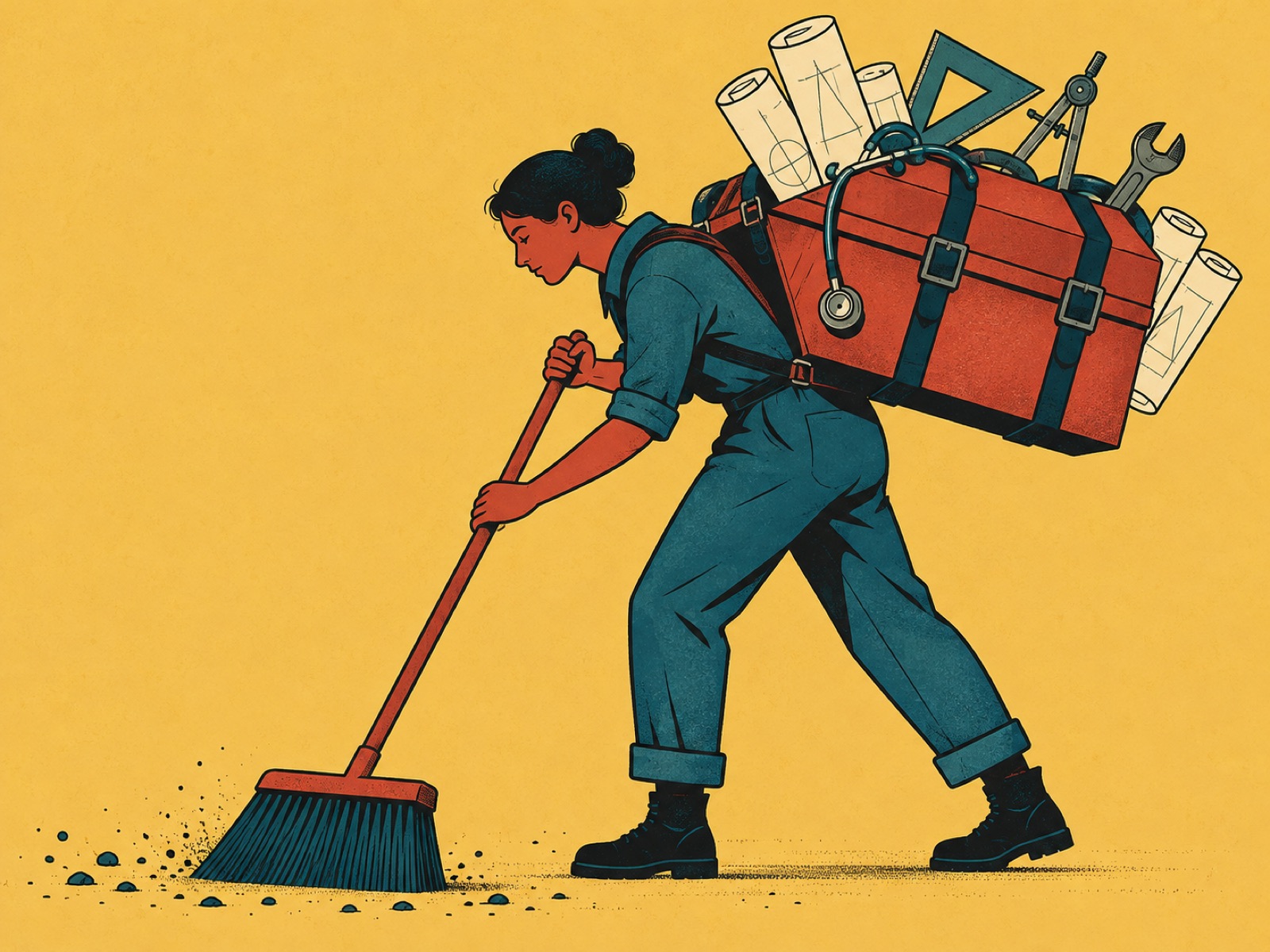A worker sweeps the floor while carrying a toolbox full of a stethoscope, drawing instruments and blueprints