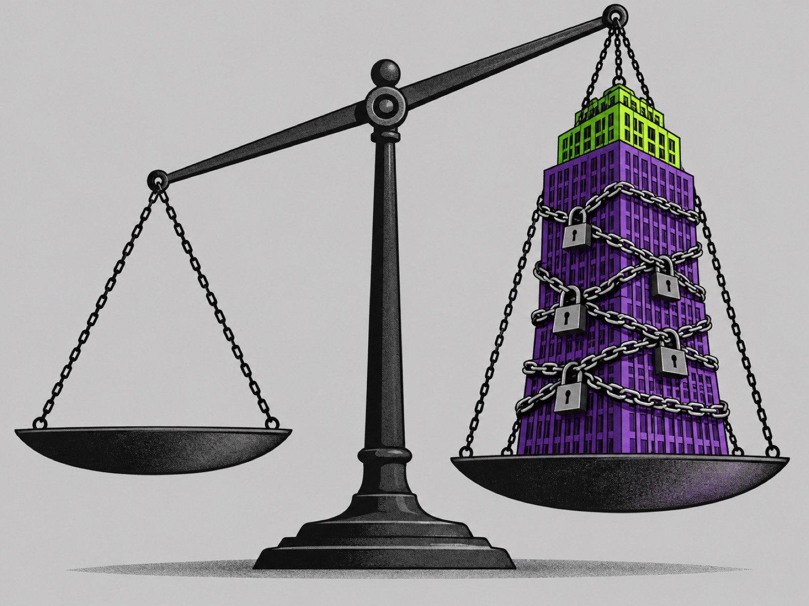 A skyscraper wrapped in chains and padlocks sits on one pan of a balance scale