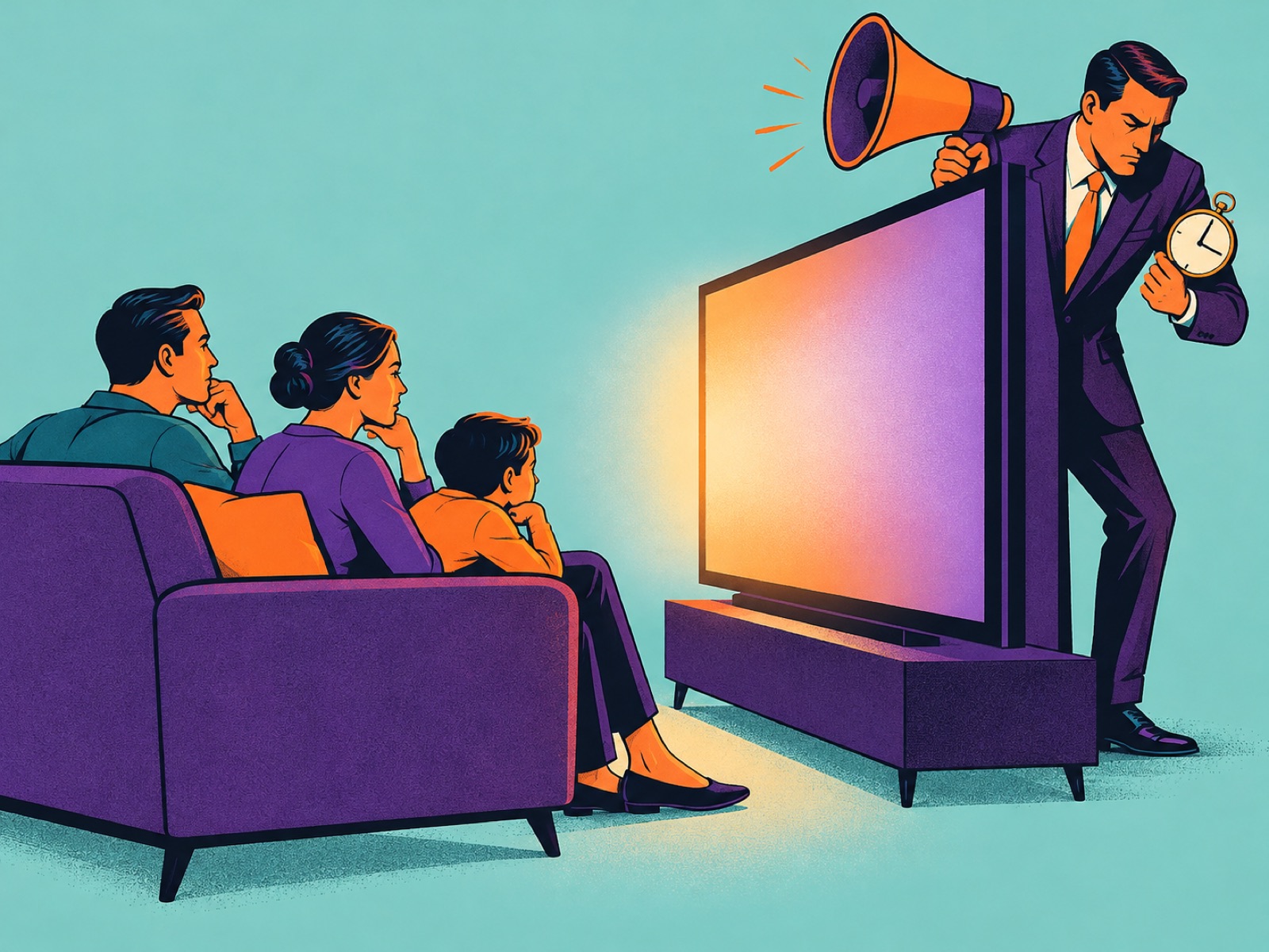 A family watches television while an advertiser behind the screen waits with a megaphone and a pocket watch