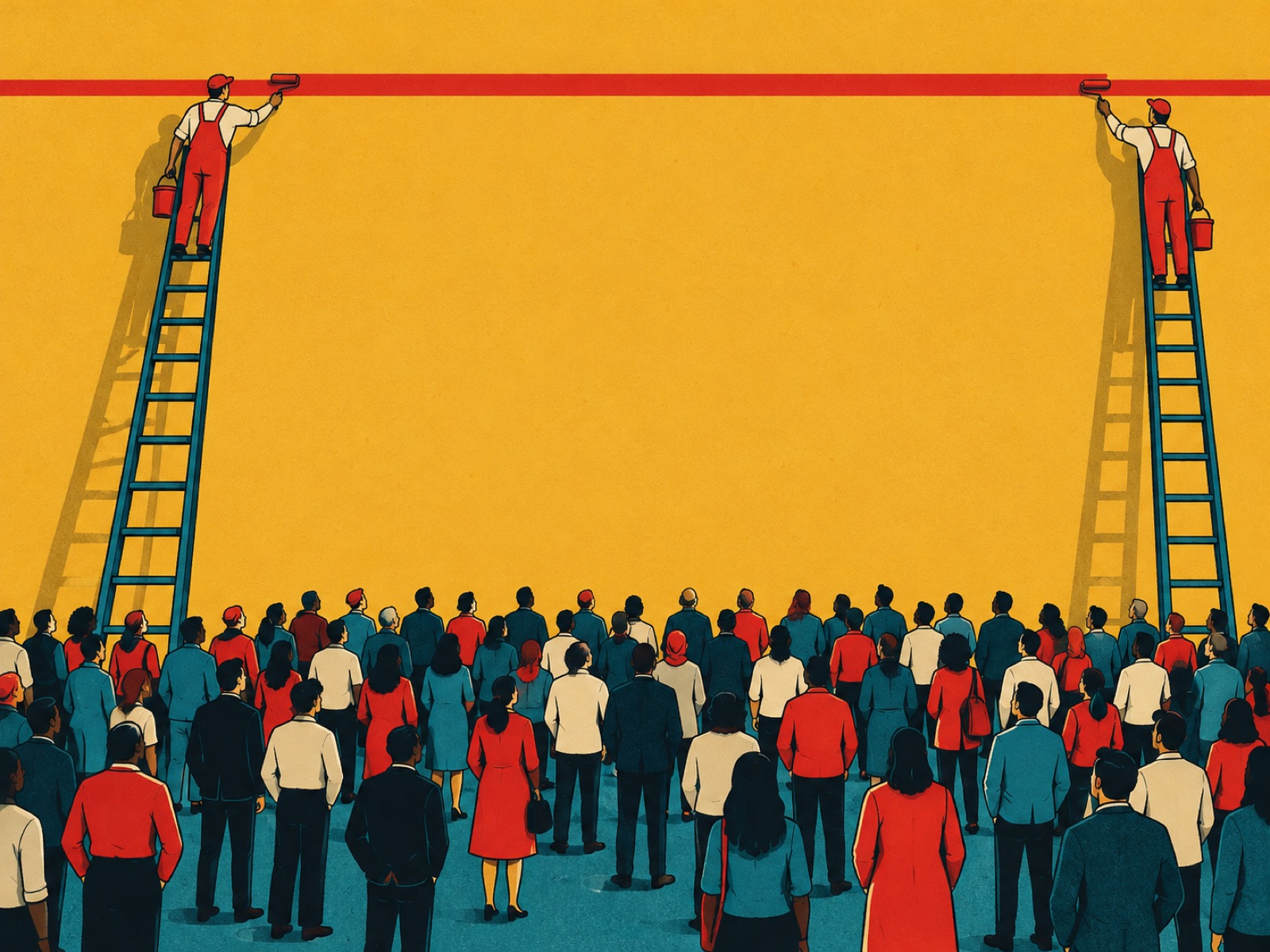 Painters on ladders draw a red line high on a wall above a large crowd