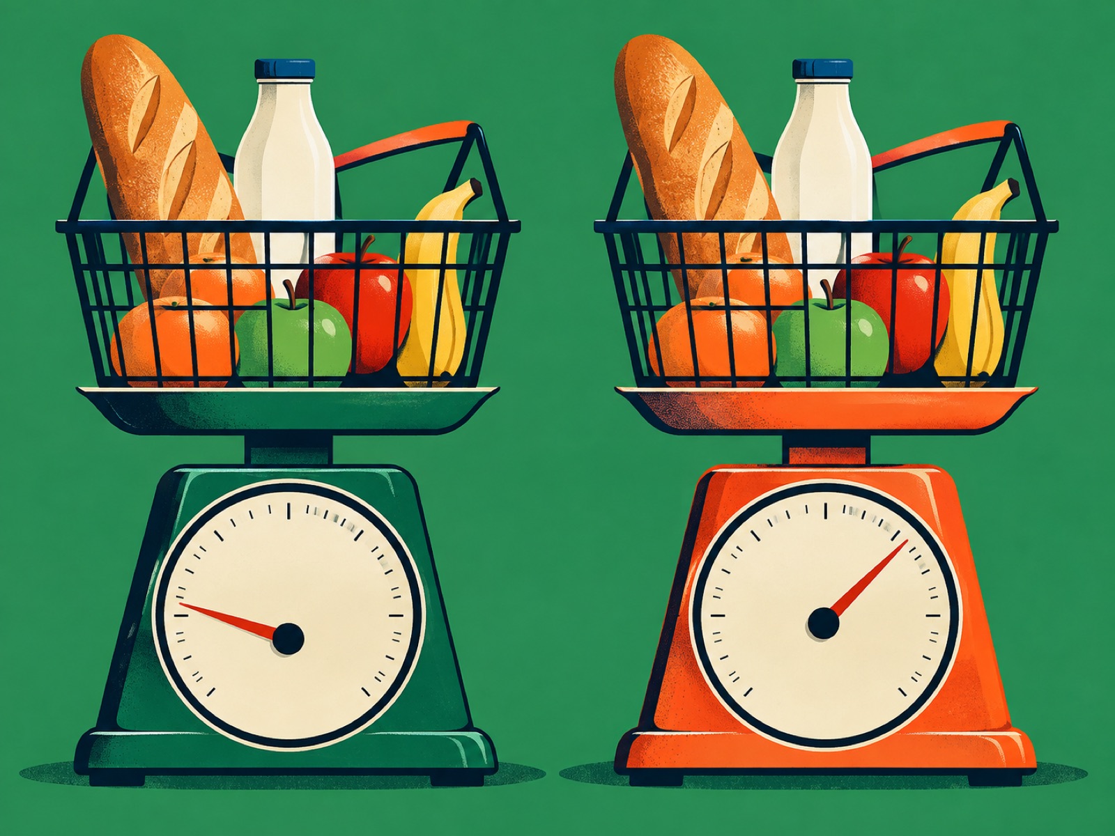 Identical baskets of groceries sit on two scales whose needles point to different readings