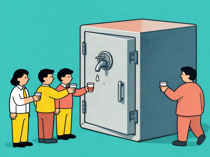 A queue of business people holding empty buckets before a giant golden vault door that lets out only a trickle of coins