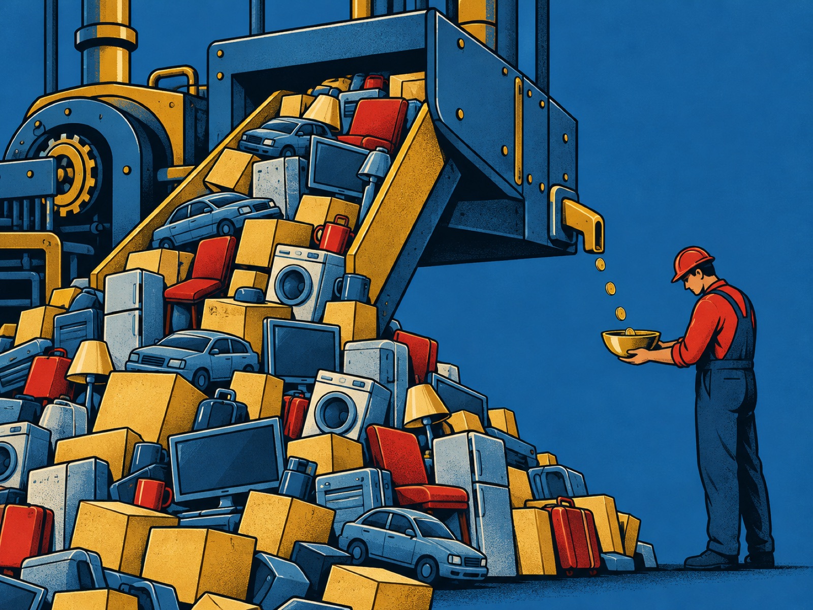 A machine pours out a mountain of goods while a worker catches a trickle of coins in a small bowl