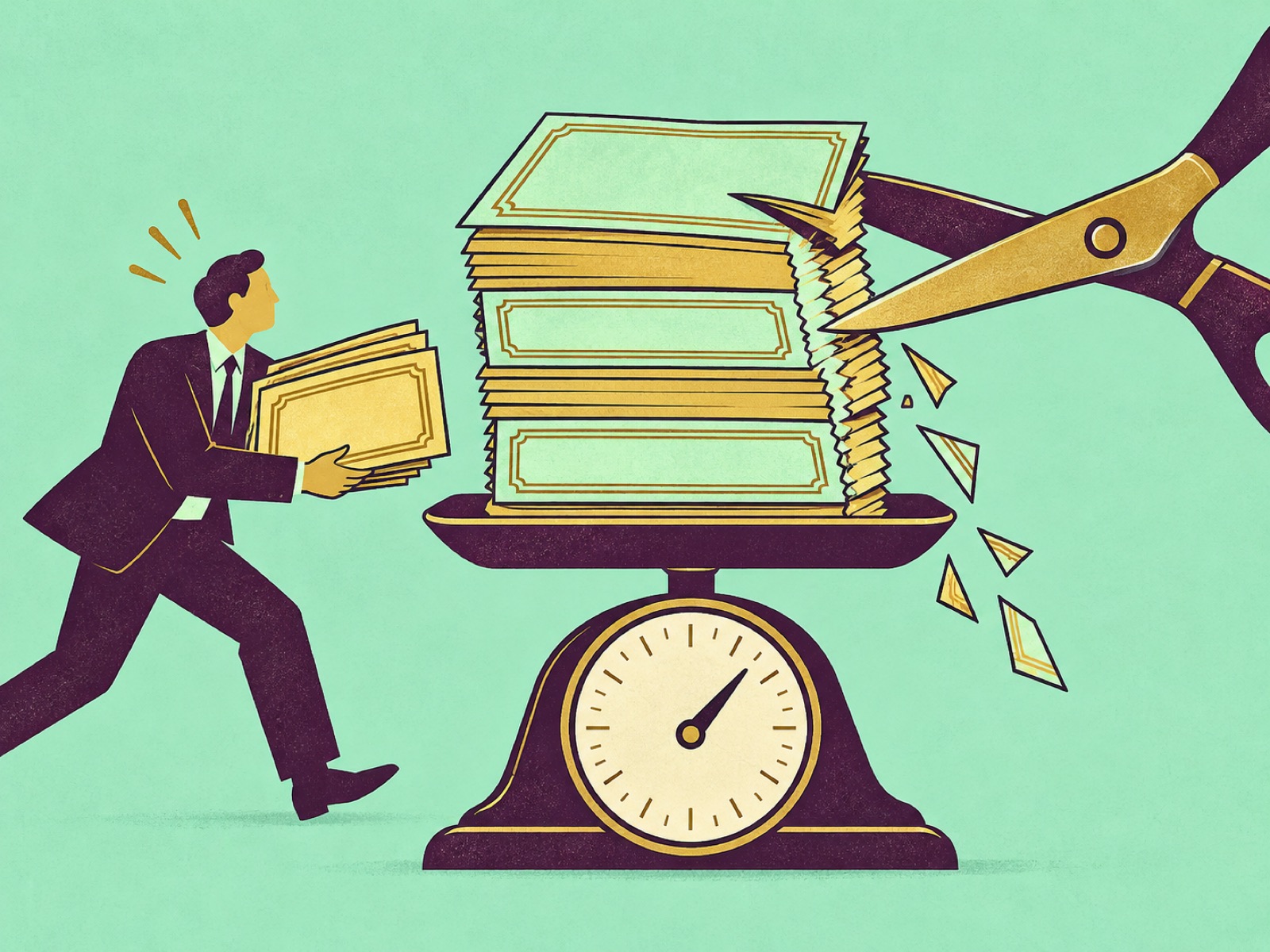Scissors trim a stack of bond certificates on a scale as a worried man rushes to add more