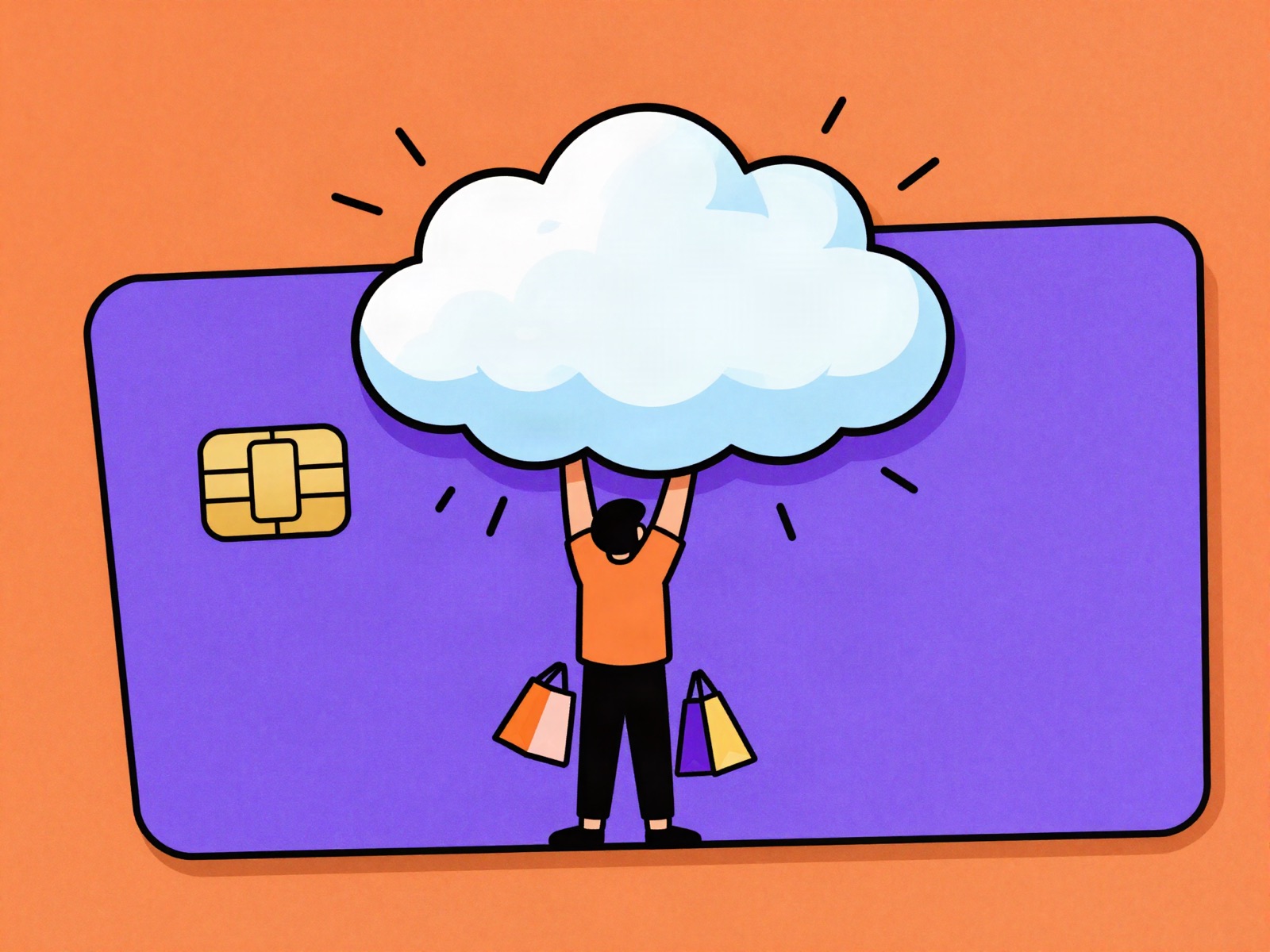 A bank card frozen in a block of ice beside a dead payment terminal, under a storm cloud over a London data centre